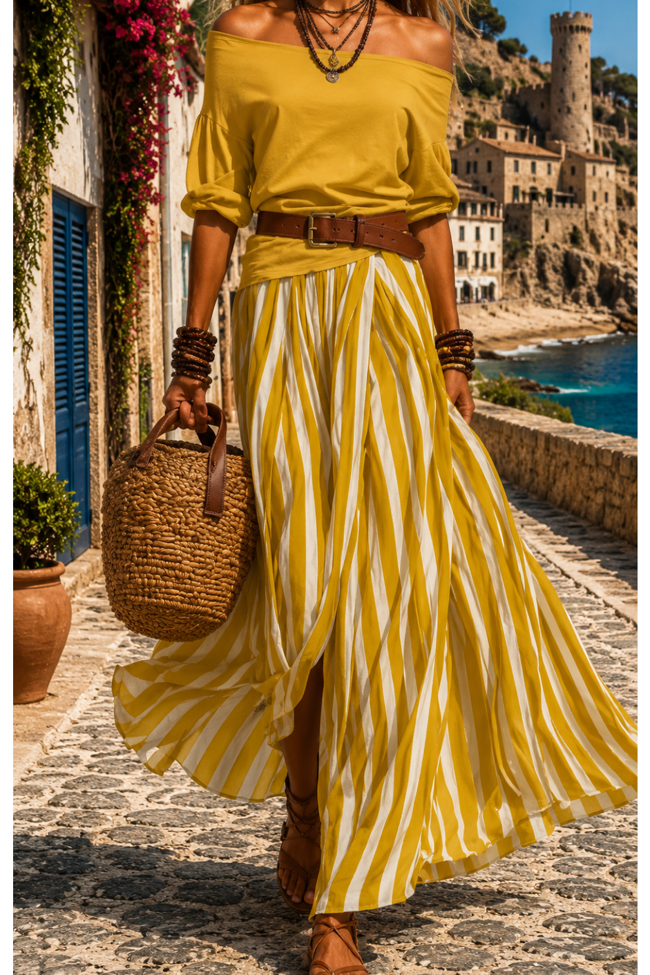 Zéphyrine - Vrouwen bohemian set in groene kleur met gestreepte rok