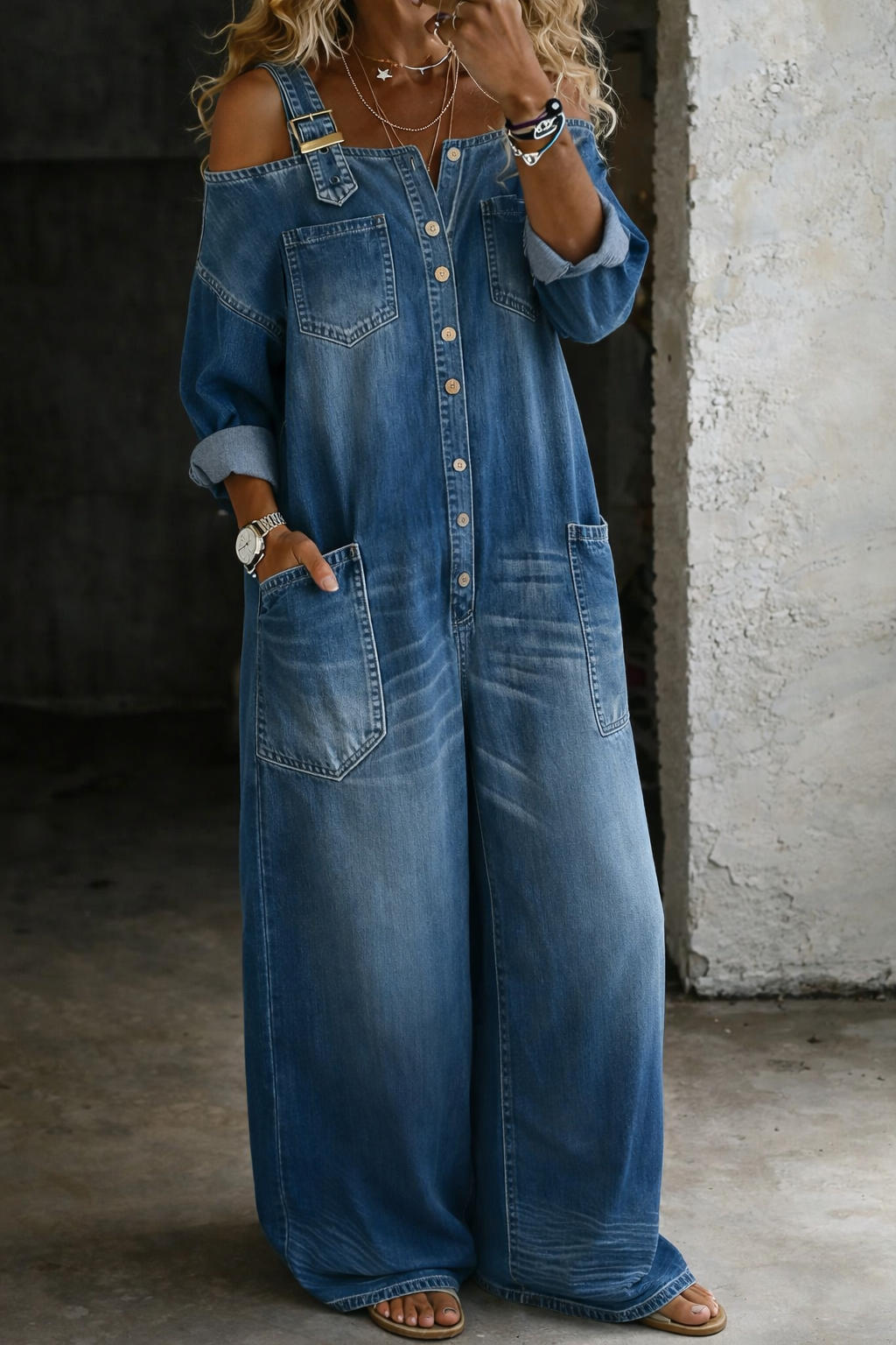 Aurexa - Dames Denim Jumpsuit Met Ontblote Schouders, Elegante Ruime Pasvorm