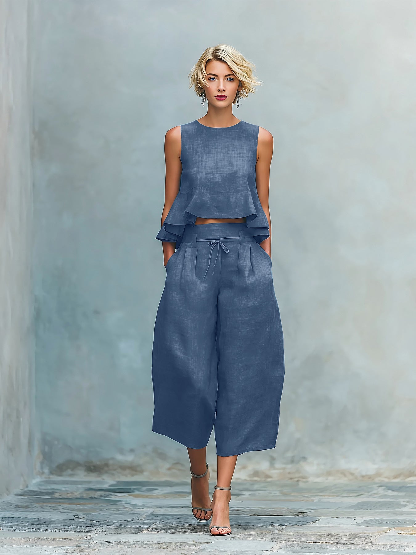 Quessoria - Vrouwen tweedelig set met volant top en brede broek