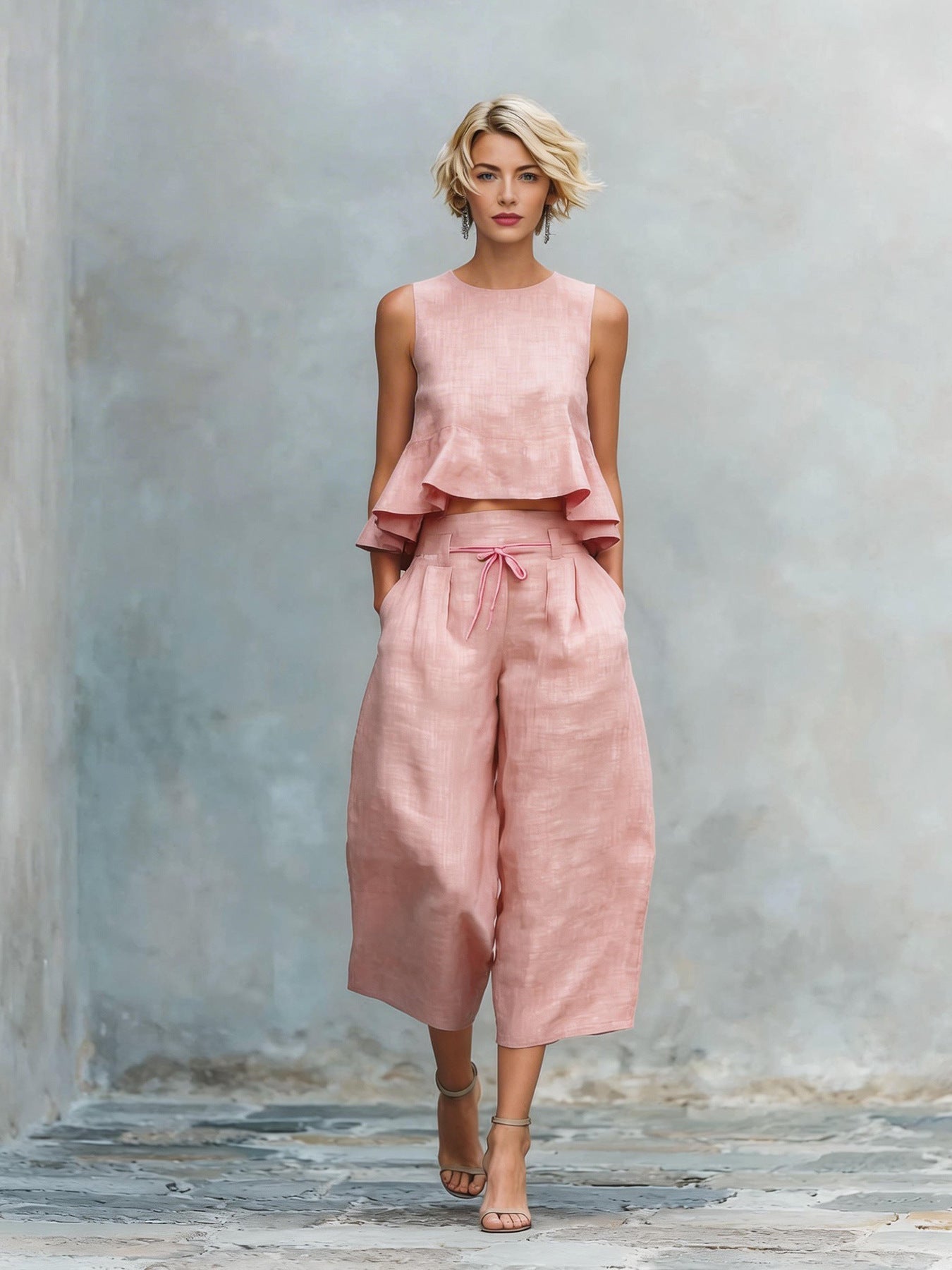 Quessoria - Vrouwen tweedelig set met volant top en brede broek