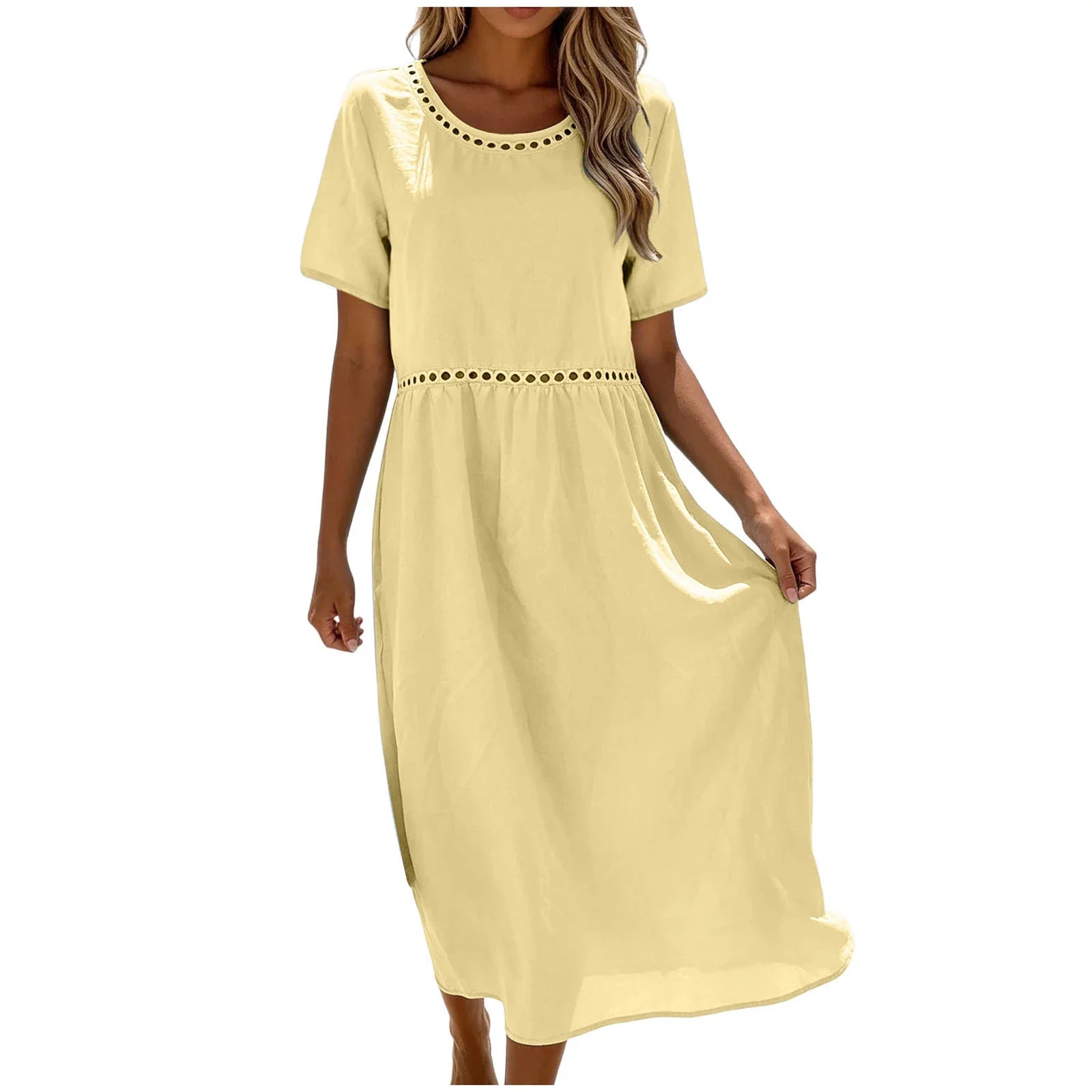 Quessina - Lange jurk voor vrouwen van katoen-polyester met ronde, geperforeerde hals