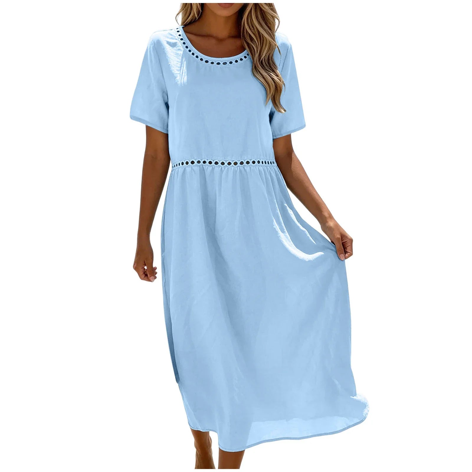 Quessina - Lange jurk voor vrouwen van katoen-polyester met ronde, geperforeerde hals