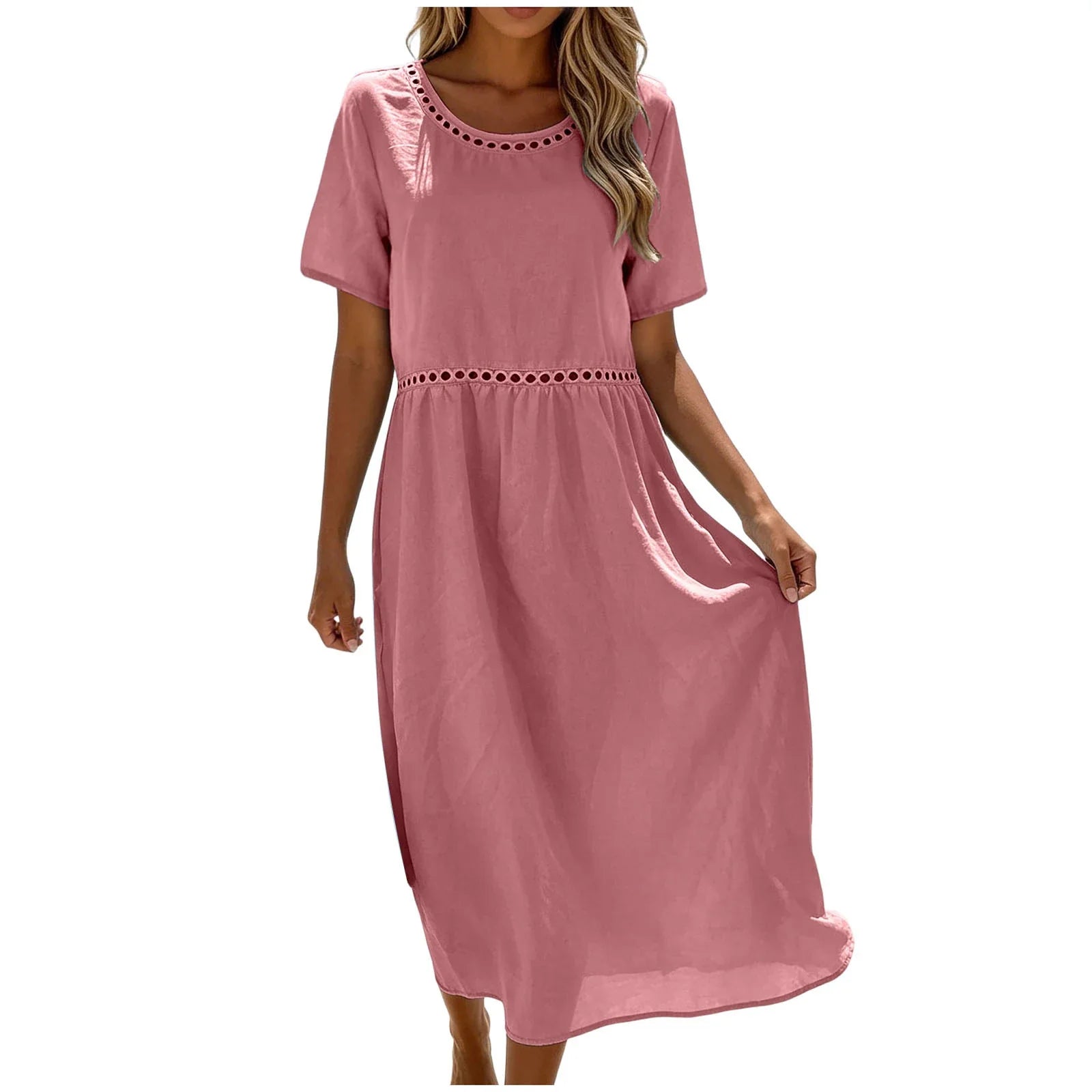 Quessina - Lange jurk voor vrouwen van katoen-polyester met ronde, geperforeerde hals