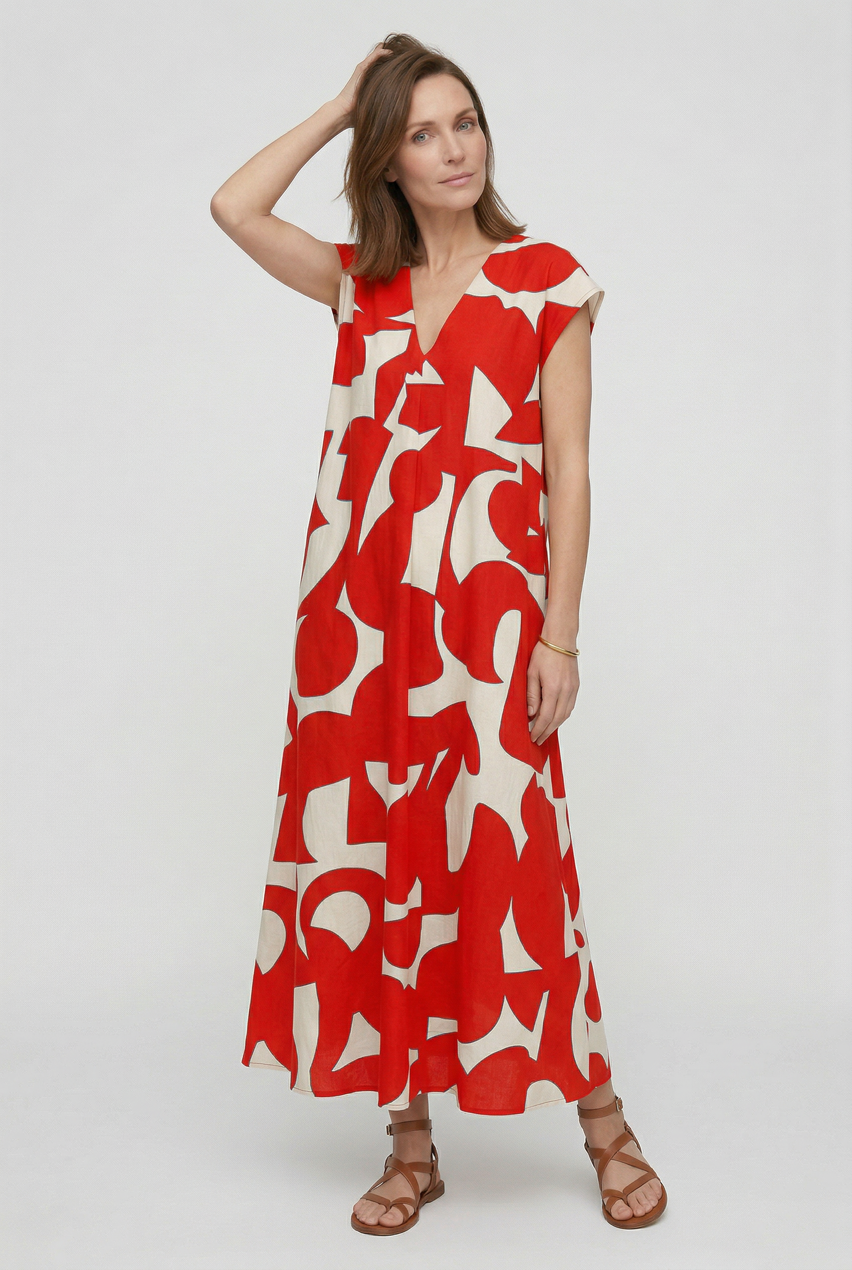 Heliorae - Lange jurk voor vrouwen met V-hals en abstracte print