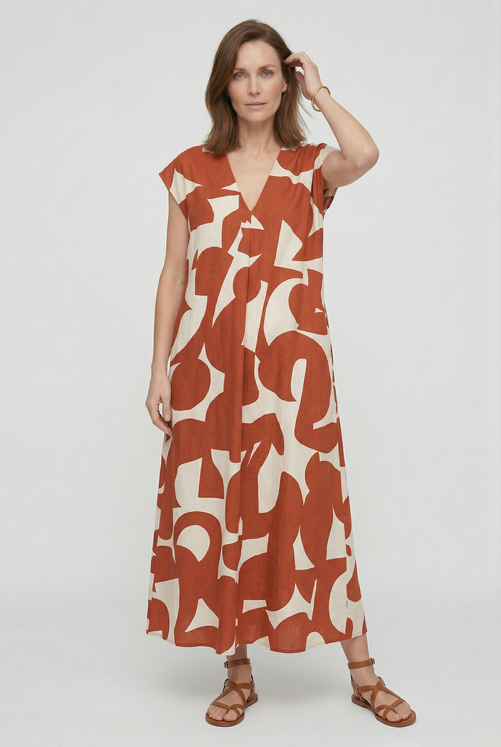 Heliorae - Lange jurk voor vrouwen met V-hals en abstracte print