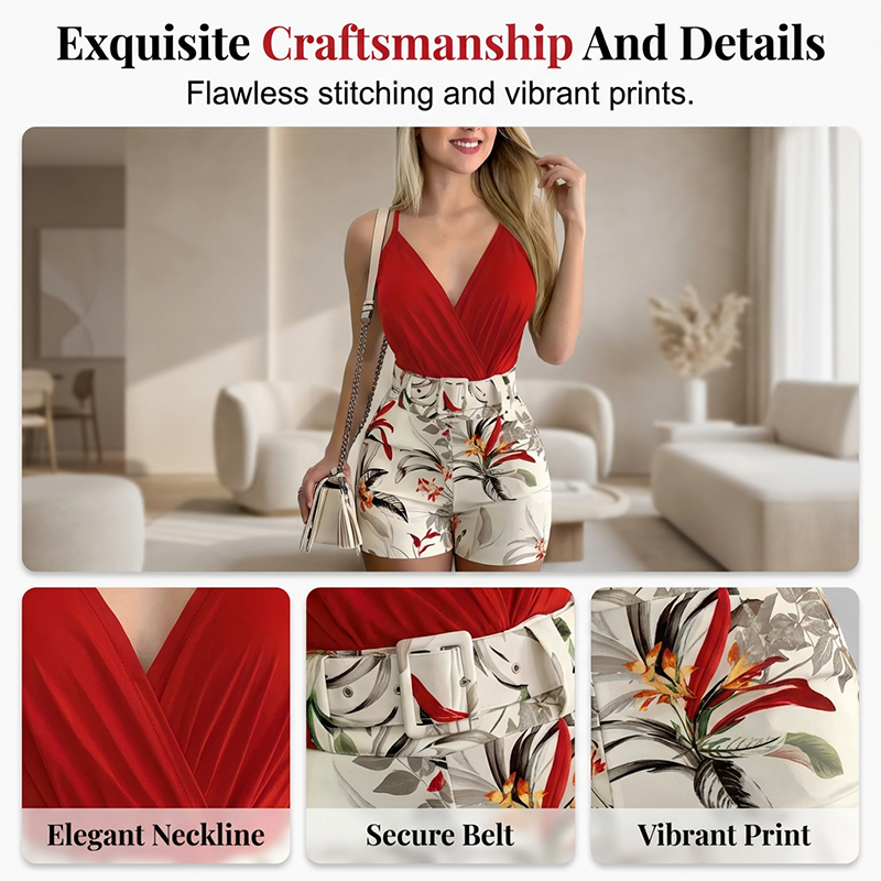 Talyndra - Elegante Tropische Set met Hoge Taille Short en V-Hals