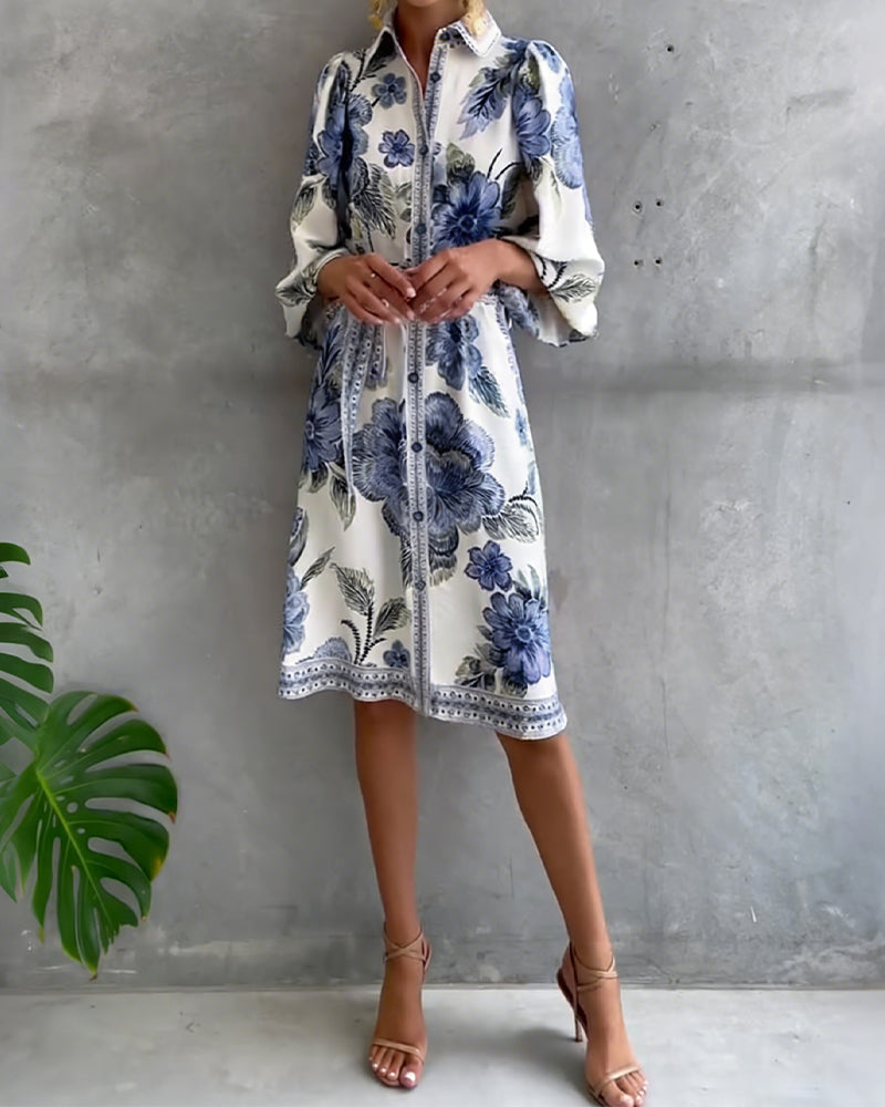 Glyssara - Elegante bloemenjurk voor dames met lantaenmouwen en knopen