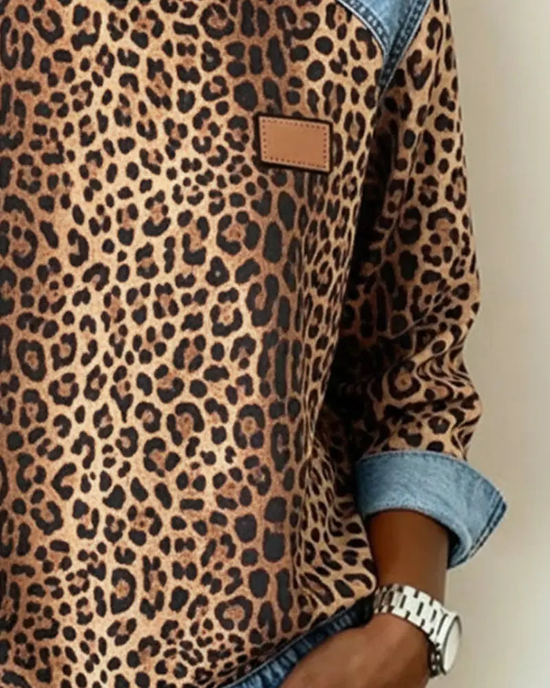 Averelisse - Casual Jeans Patchwork Leoprint Trui