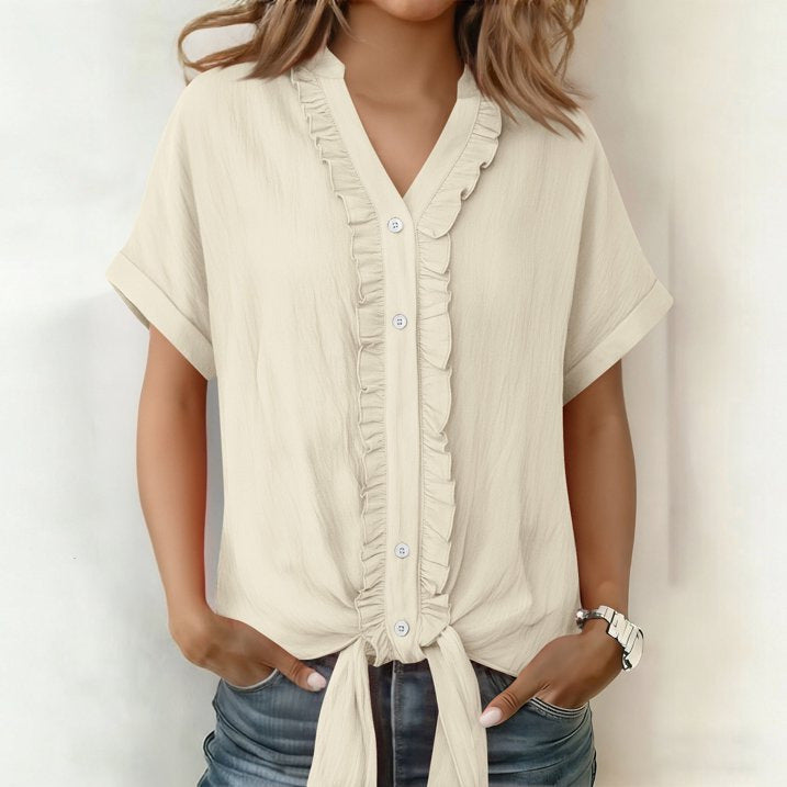 Kalyxa - Dames katoen V-hals kortemouwen blouse zomer