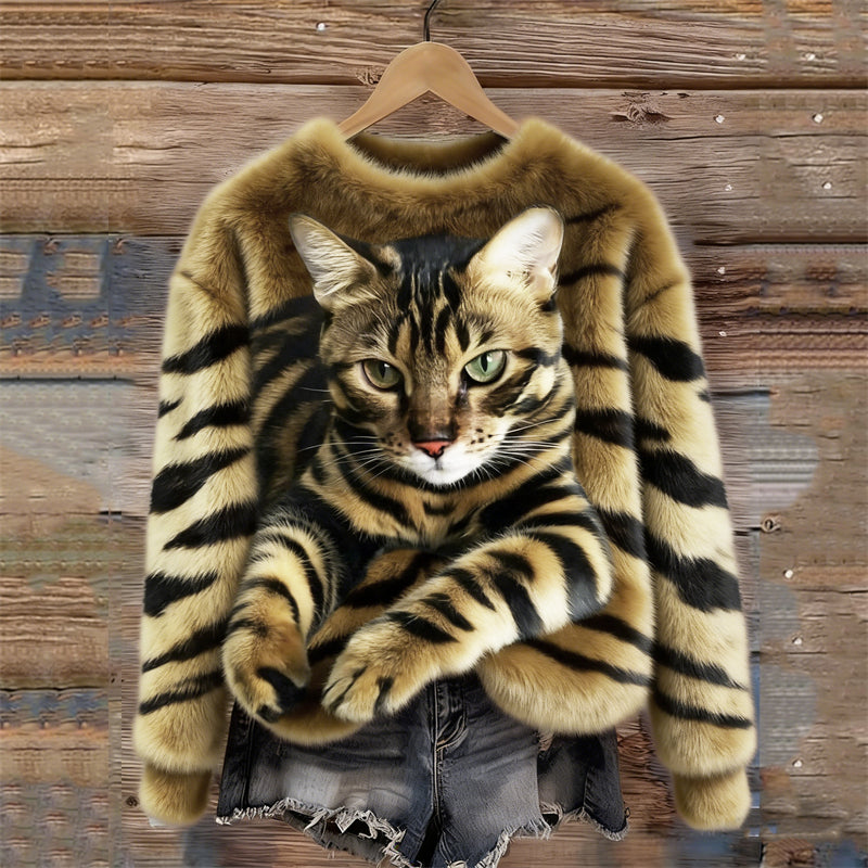Lunavessine - Plush Sweatshirt met Tijger- en Tabbykatpatroon