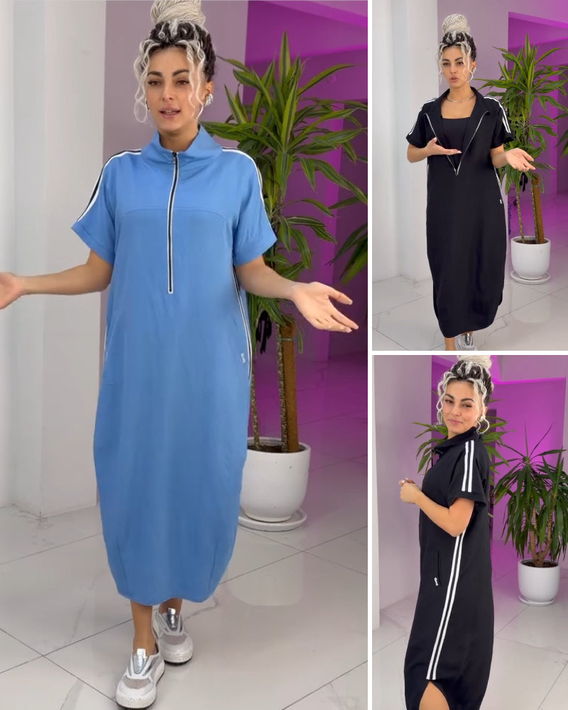 Gavrixa - Lange damesjurk met rits, hoge kraag, vloeiende snit, sportieve chique stijl, comfortabel