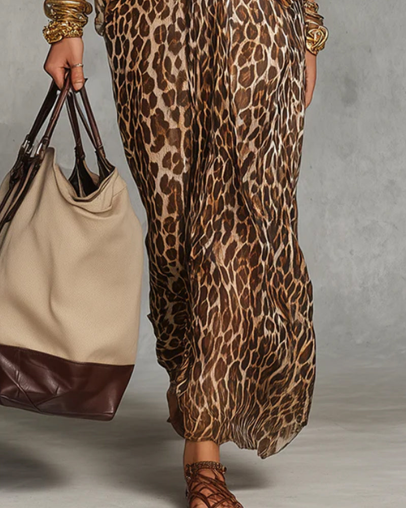 Ziva - Maxi jurk voor dames met gedraaid leopardpatroon en kimono mouwen