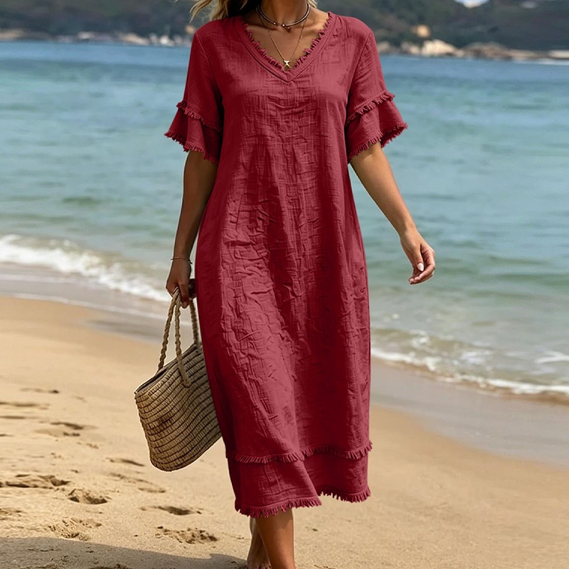 Naelle - Vrouwenjurk met V-hals en franjes in boho-stijl