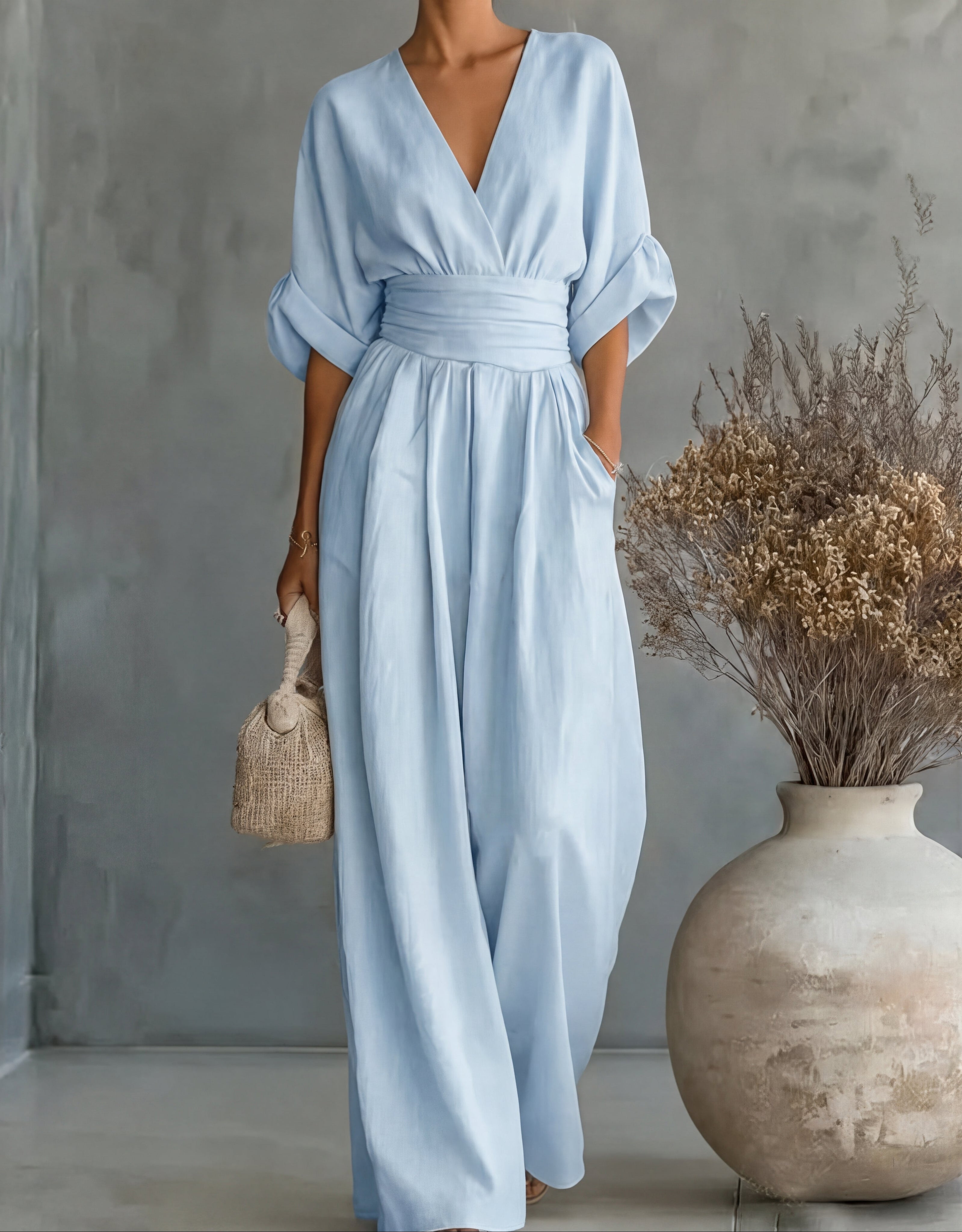 Avelissea - Dames jumpsuit met V-hals en brede, vloeiende broek