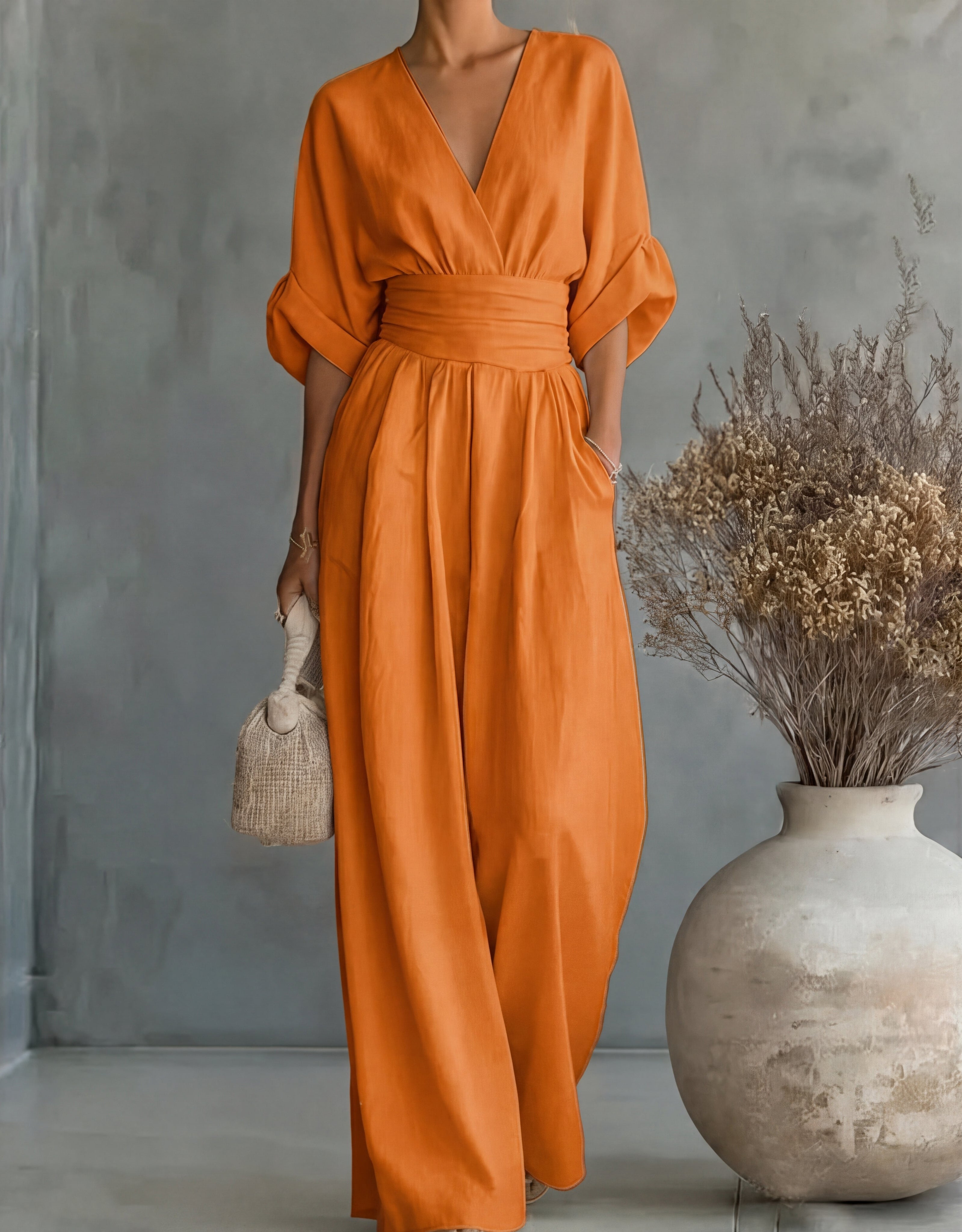 Avelissea - Dames jumpsuit met V-hals en brede, vloeiende broek