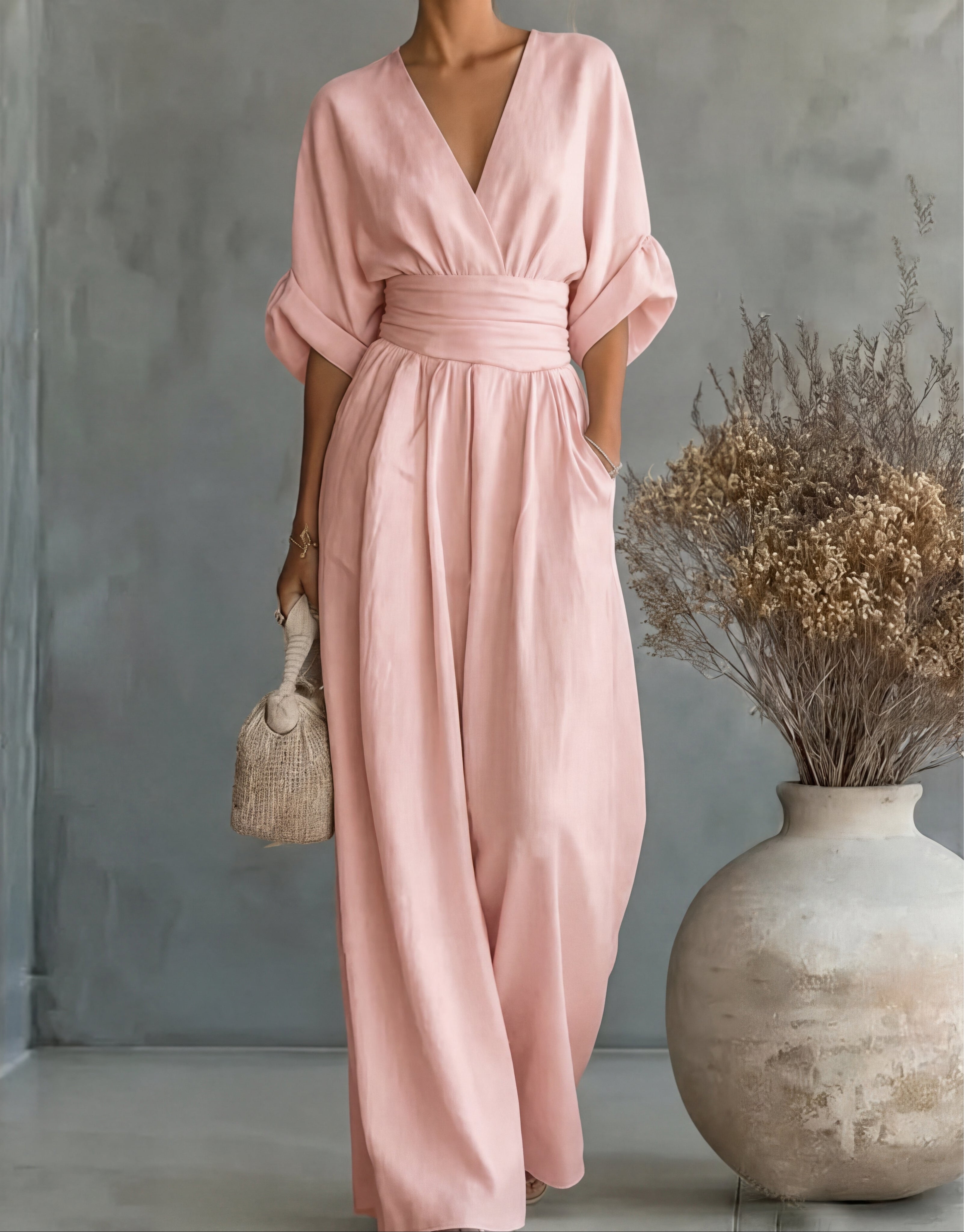 Avelissea - Dames jumpsuit met V-hals en brede, vloeiende broek