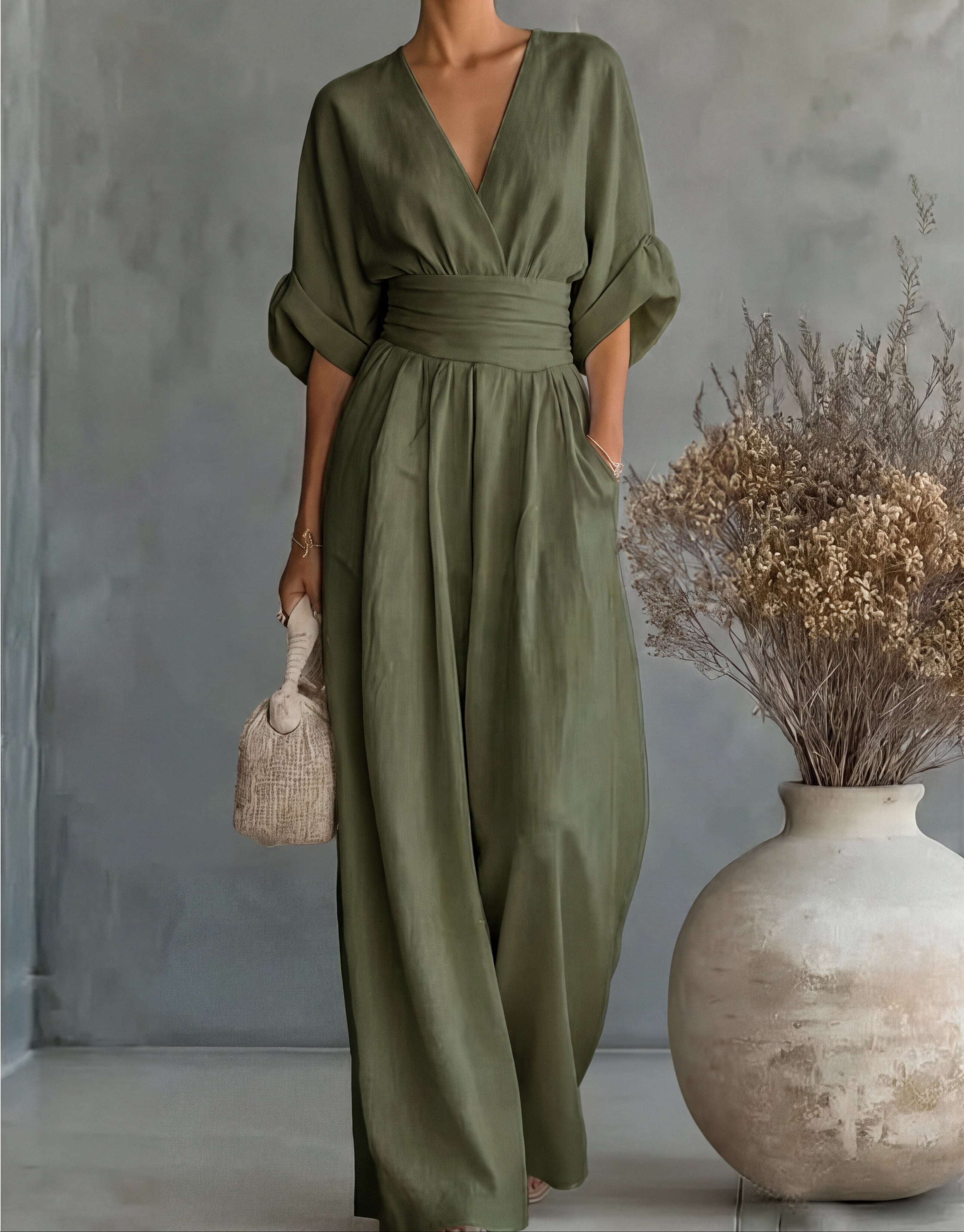 Avelissea - Dames jumpsuit met V-hals en brede, vloeiende broek
