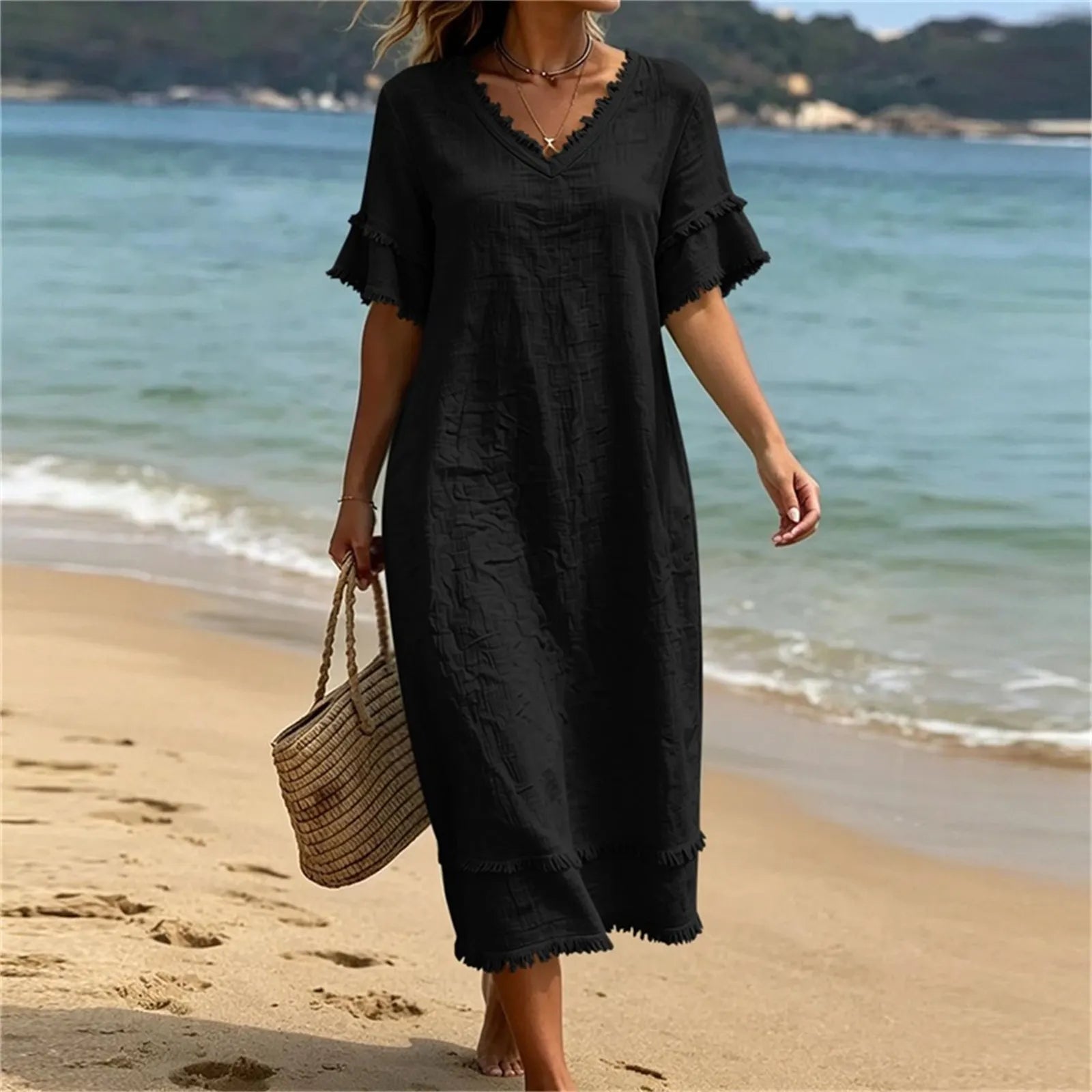 Naelle - Vrouwenjurk met V-hals en franjes in boho-stijl