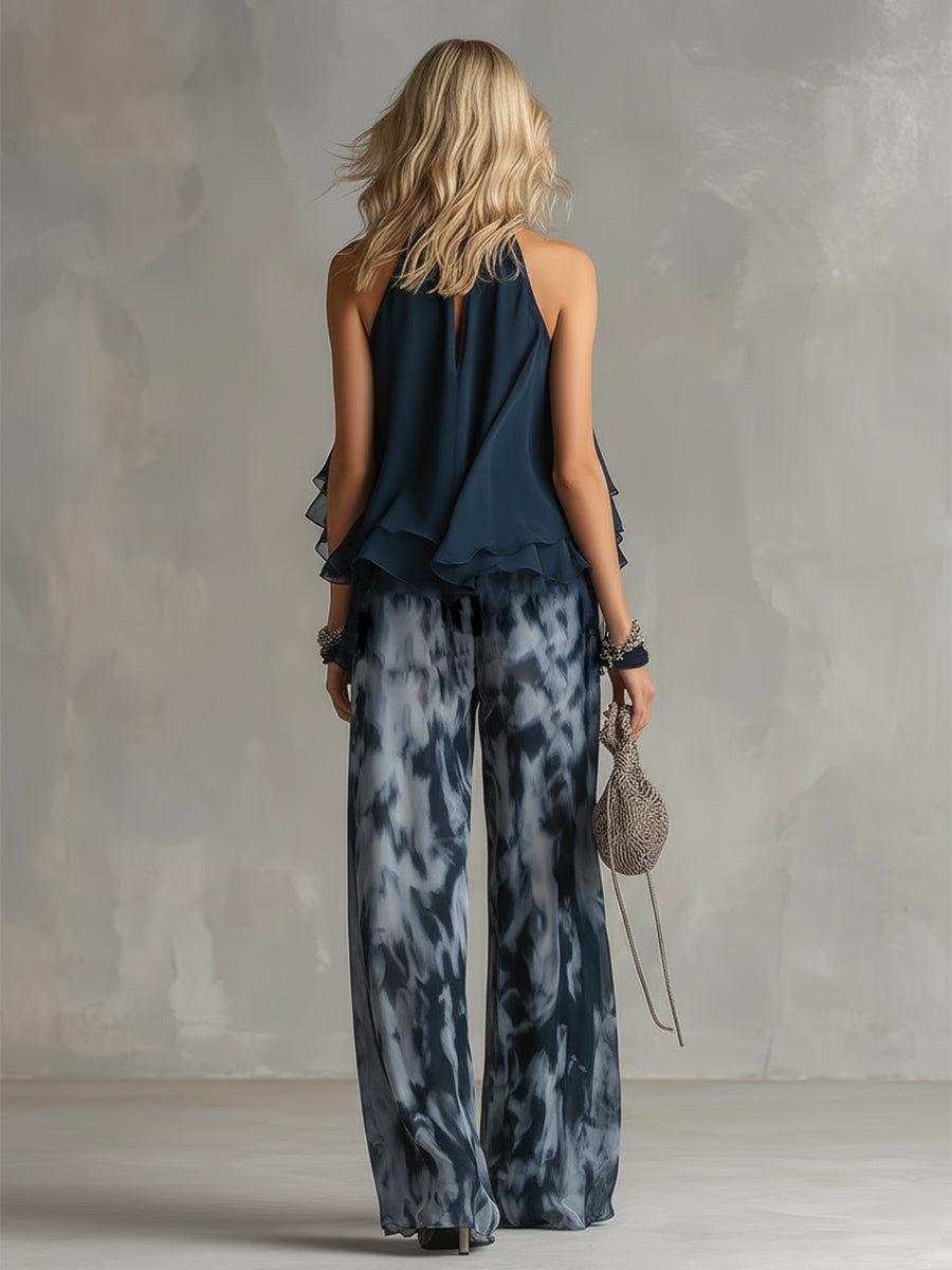 Pheronia - Dames tweedelige chiffon set met haltertop en brede broek met print
