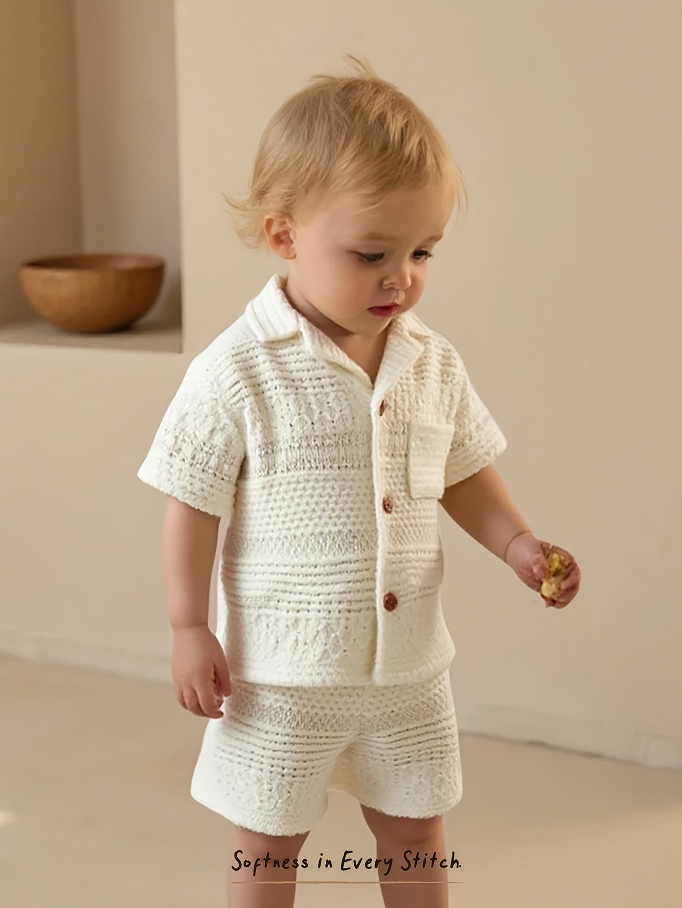 2pcs Children's/boys' Casual Set, a Spring/summer Boys' Shirt and Shorts Set. Features a White Knitted Short-sleeve Top with Elastic Knitted Shorts, Perfect for Outdoor Activities, Sports, Daily Wear, Outings, and Travel. Summer Outfits for Boys