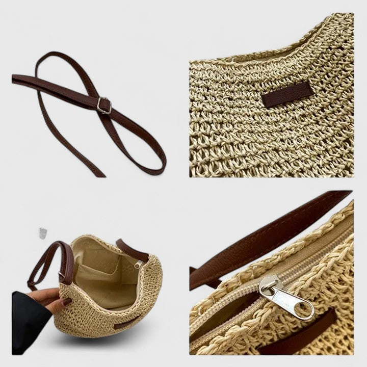Mirelina - Dames schoudertas van gevlochten raffia in natuurlijke boho-stijl