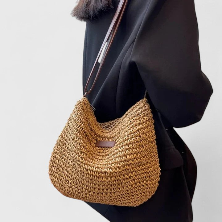 Mirelina - Dames schoudertas van gevlochten raffia in natuurlijke boho-stijl