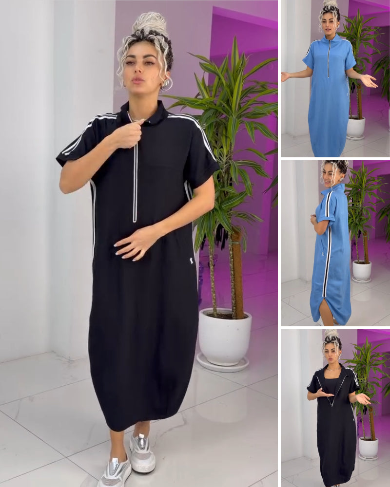 Gavrixa - Lange damesjurk met rits, hoge kraag, vloeiende snit, sportieve chique stijl, comfortabel