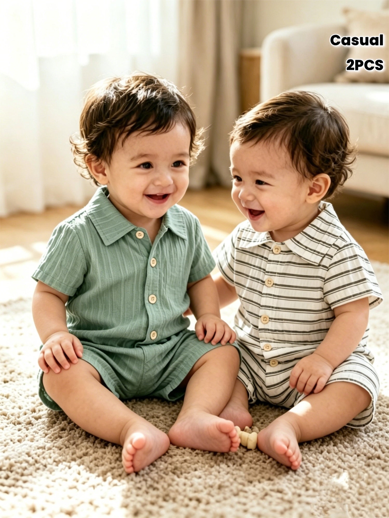 Boys' Summer Casual 2pcs Set Bodysuit, Striped V-Neck with Buttons, Suitable for Baby's Outdoor Wear, Perfect for Outdoor