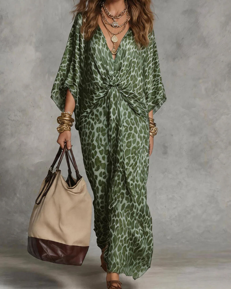 Ziva - Maxi jurk voor dames met gedraaid leopardpatroon en kimono mouwen