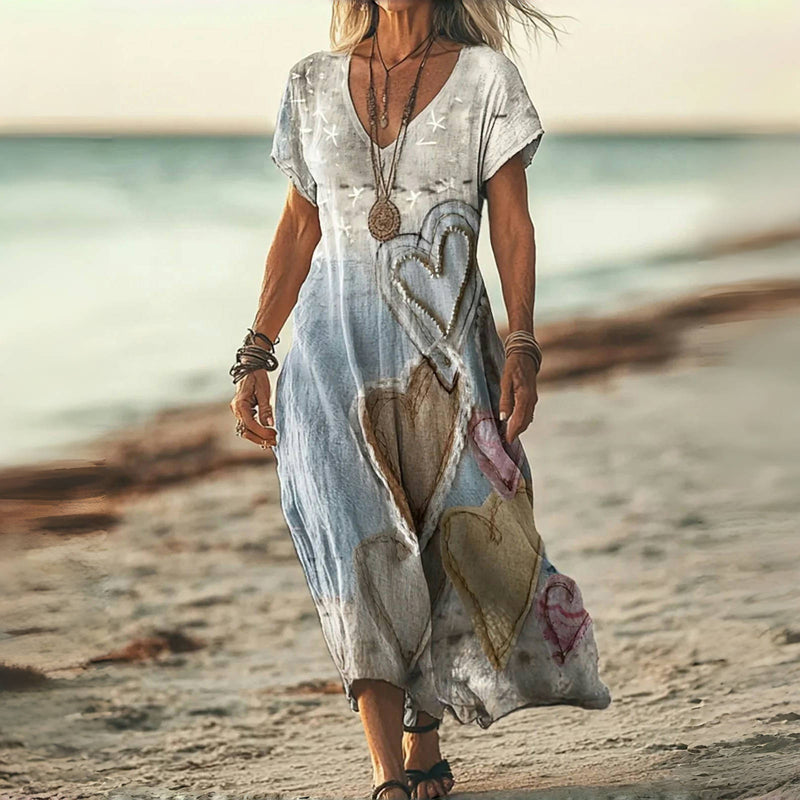 Myravina - Vintage midi jurk voor dames met hartprint en V-hals