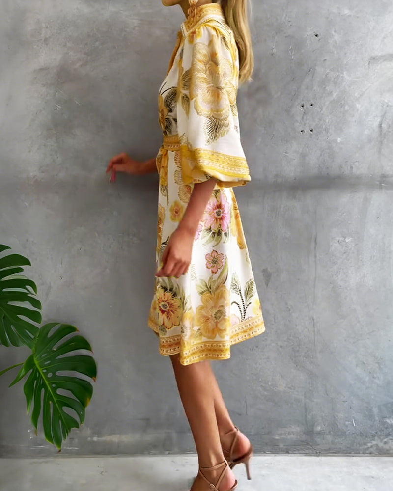 Glyssara - Elegante bloemenjurk voor dames met lantaenmouwen en knopen