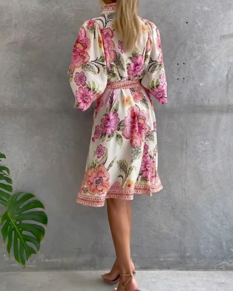 Glyssara - Elegante bloemenjurk voor dames met lantaenmouwen en knopen
