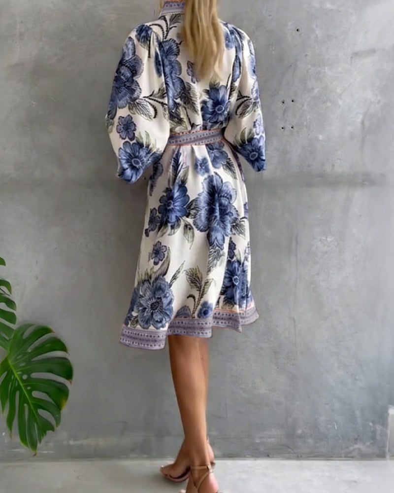 Glyssara - Elegante bloemenjurk voor dames met lantaenmouwen en knopen