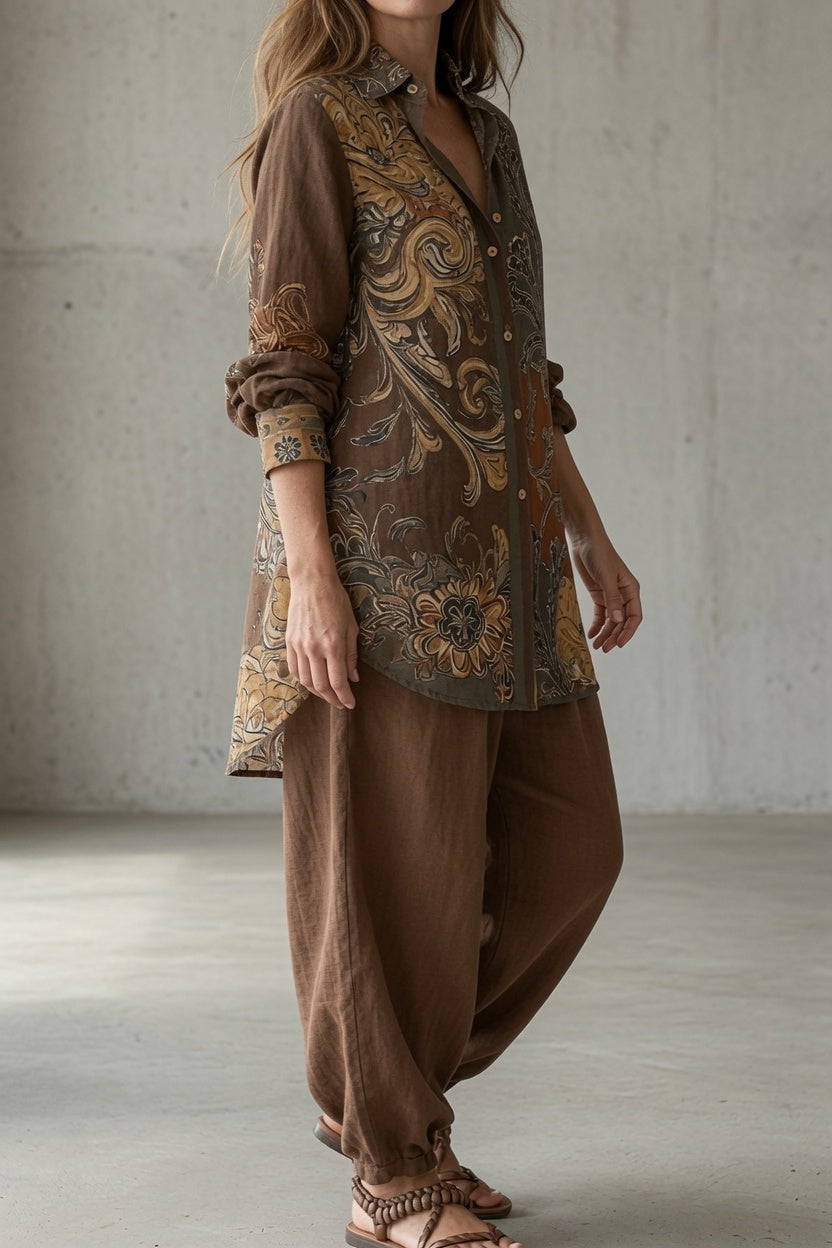 Keira - Vintage dames set met bedrukte blouse en soepelvallende broek