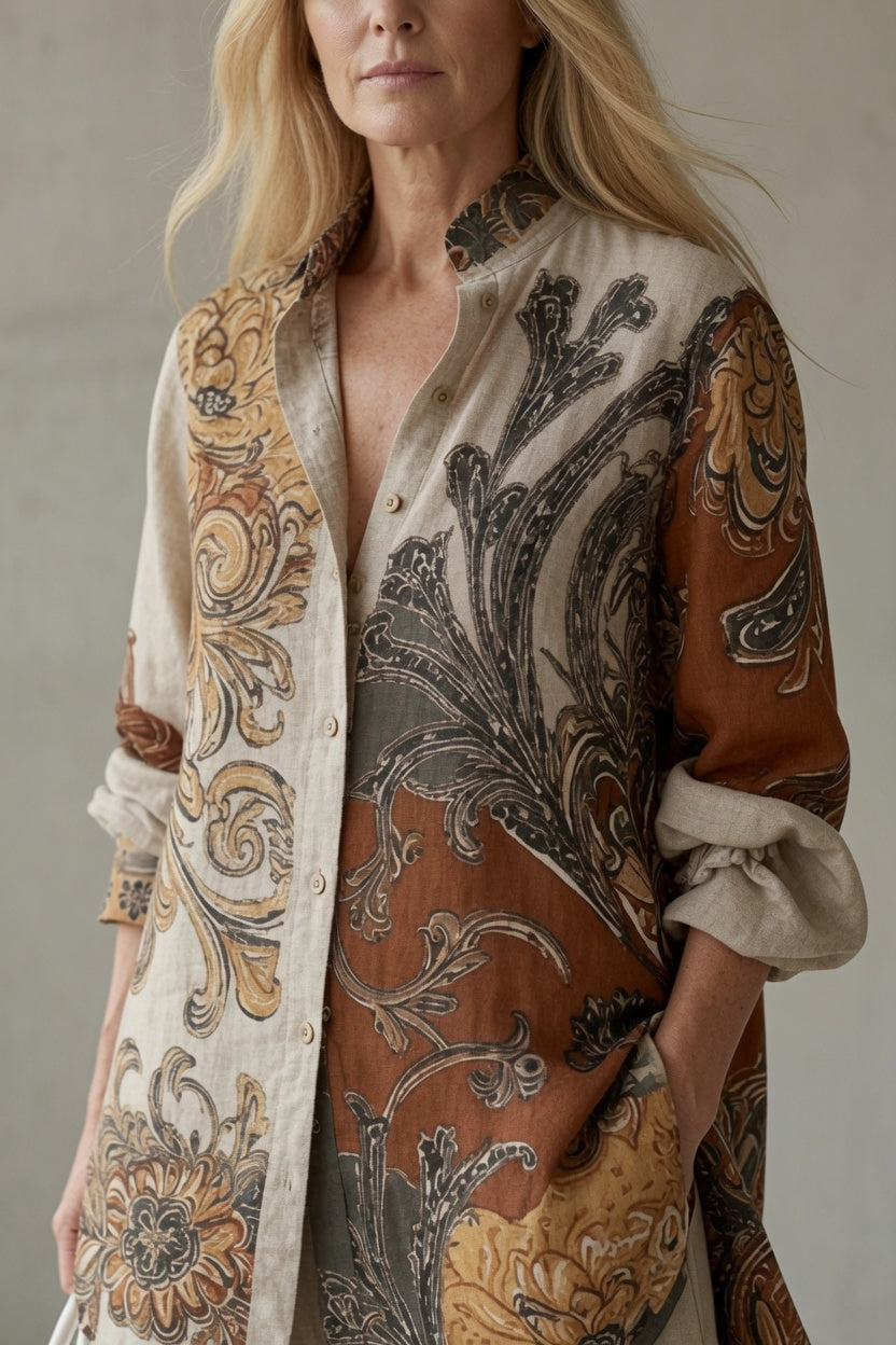 Keira - Vintage dames set met bedrukte blouse en soepelvallende broek