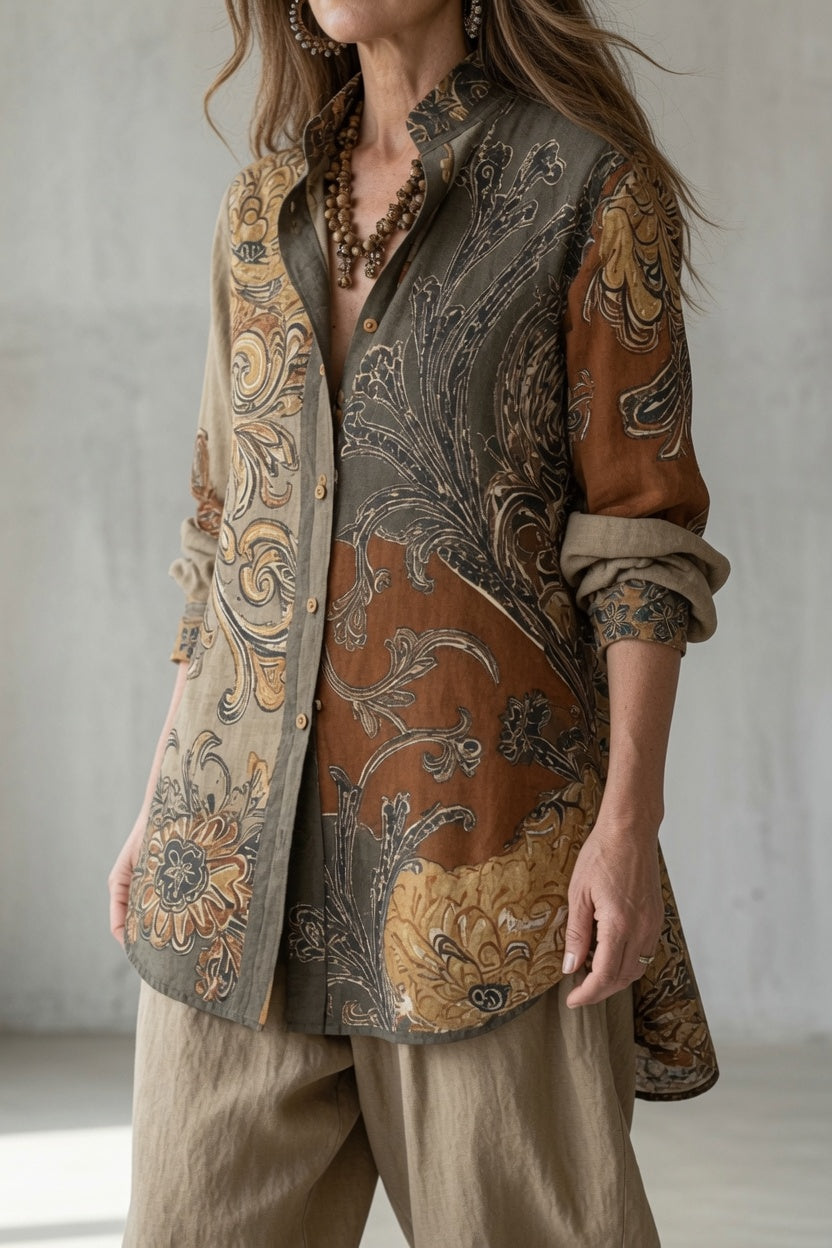 Keira - Vintage dames set met bedrukte blouse en soepelvallende broek