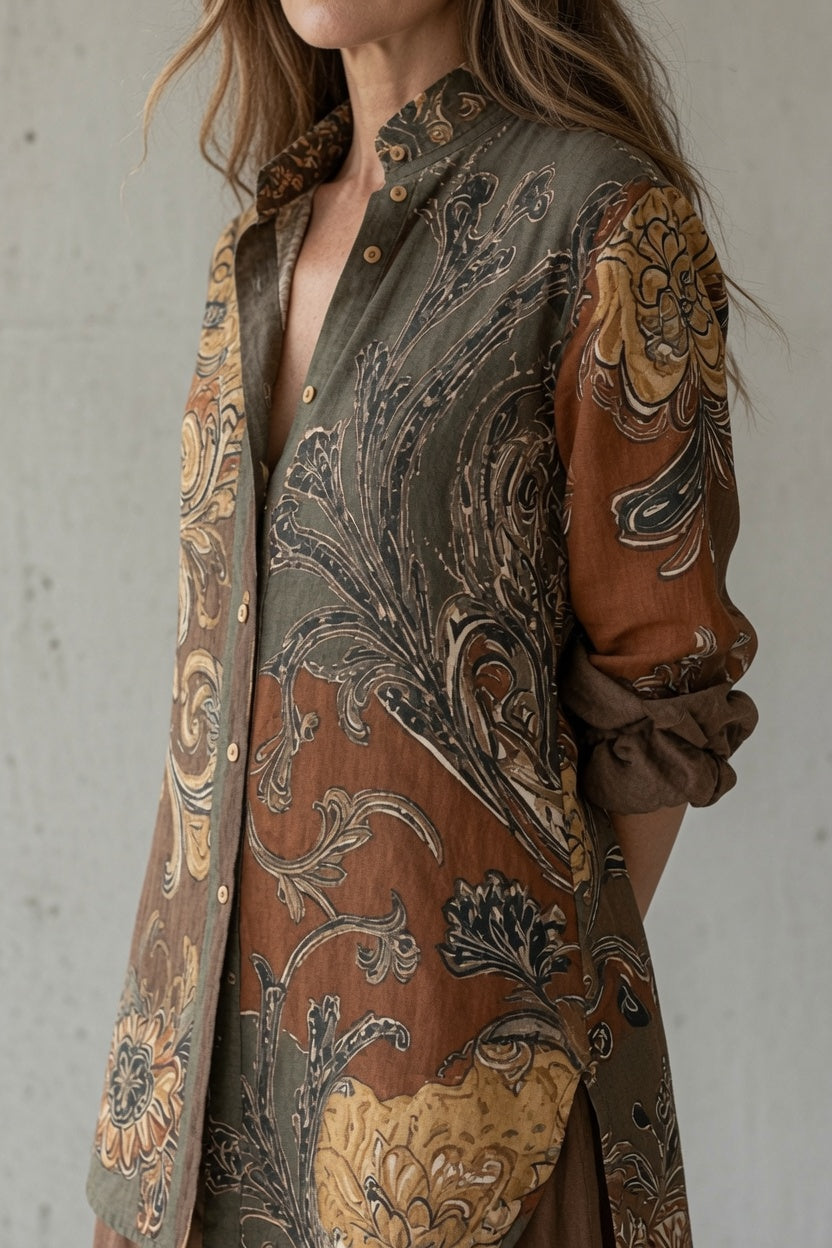 Keira - Vintage dames set met bedrukte blouse en soepelvallende broek