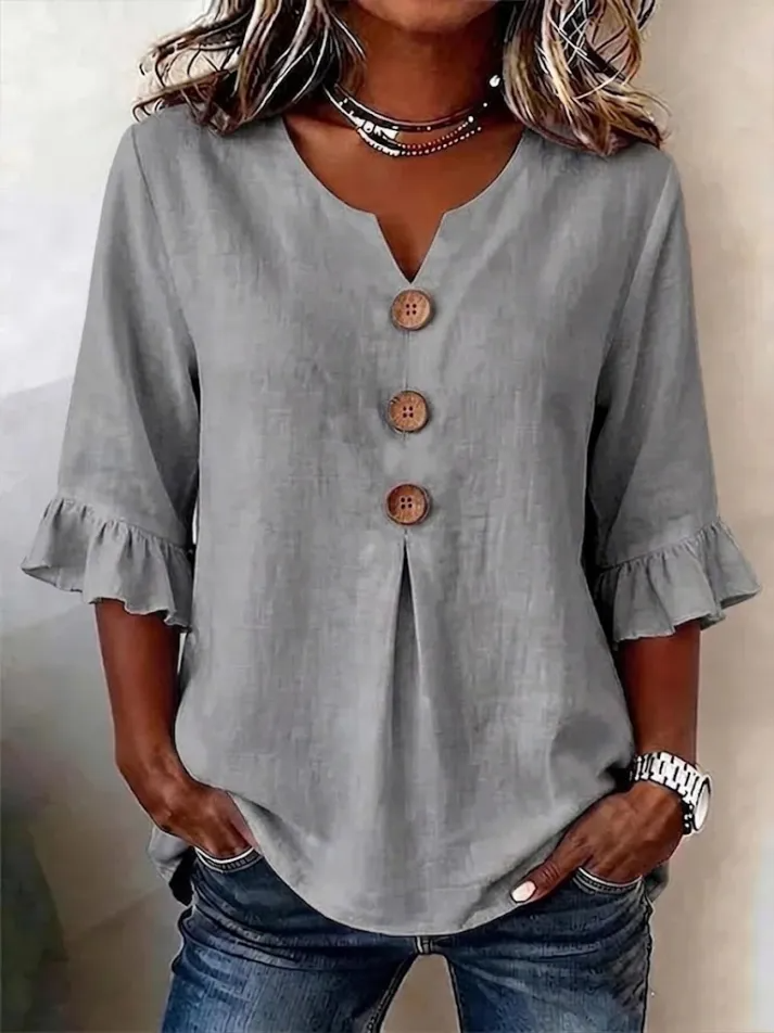 Lythra - Dames Blouse Met V-Hals Knopen Lange Mouwen Vloeiende Pasvorm