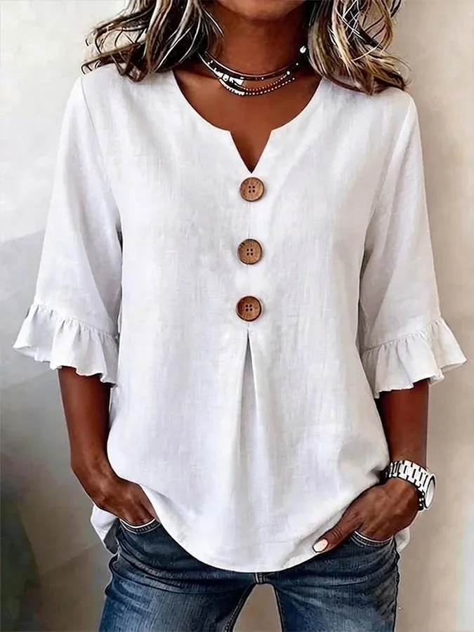 Lythra - Dames Blouse Met V-Hals Knopen Lange Mouwen Vloeiende Pasvorm