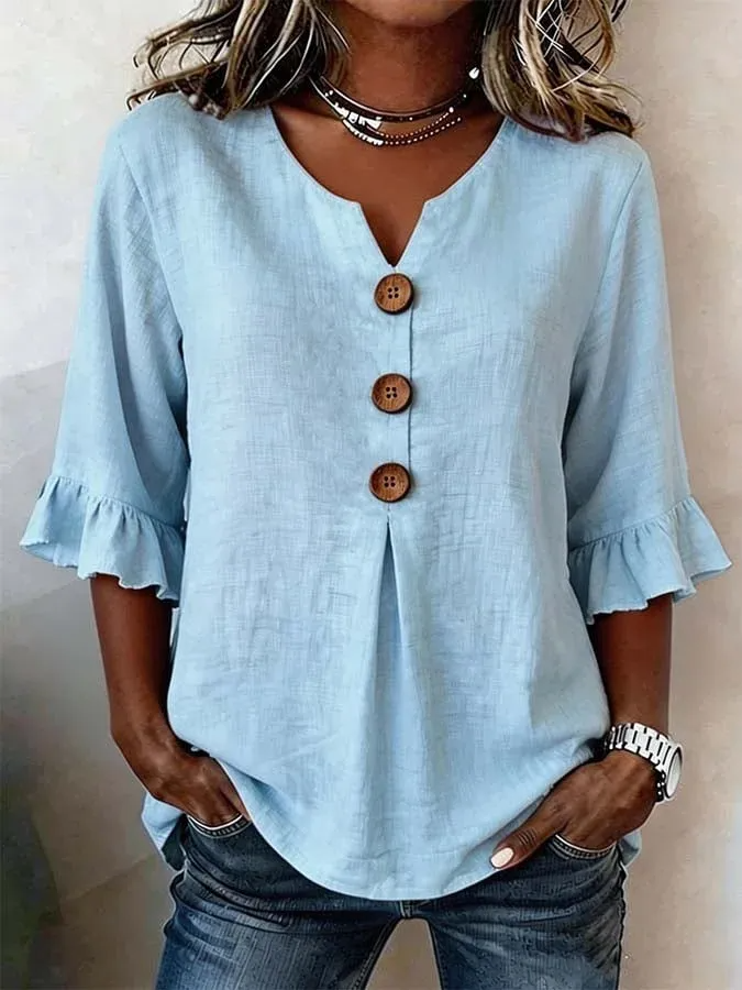 Lythra - Dames Blouse Met V-Hals Knopen Lange Mouwen Vloeiende Pasvorm