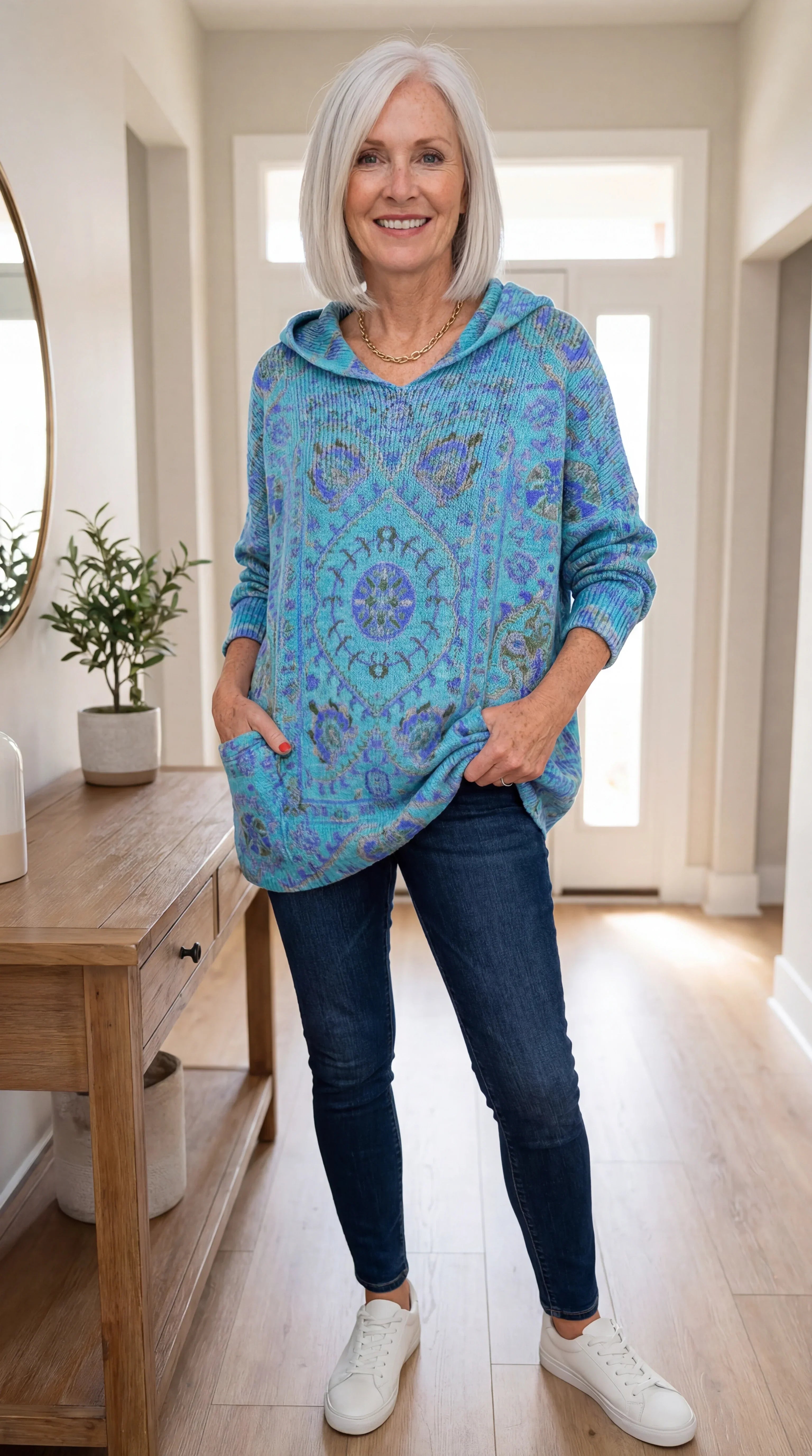 Hynessa - Dames tuniek met capuchon, gedrukte, losse, moderne casual stijl