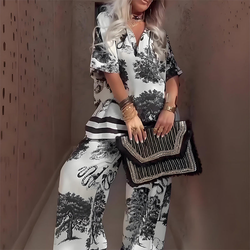 Oralys - Dames casual set met bedrukte top met v-hals en lange broek