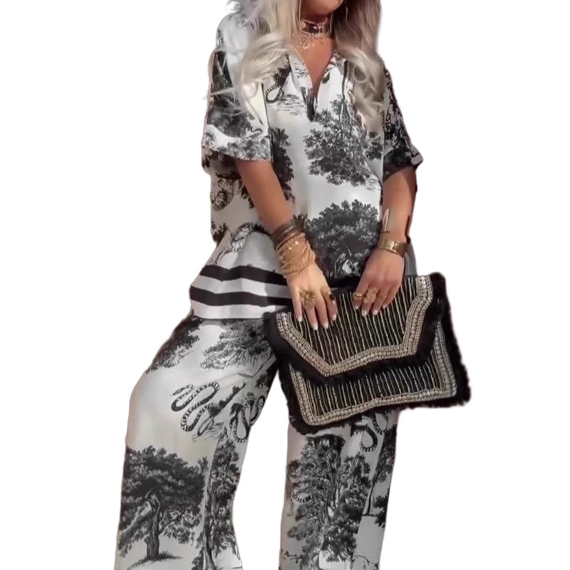 Oralys - Dames casual set met bedrukte top met v-hals en lange broek