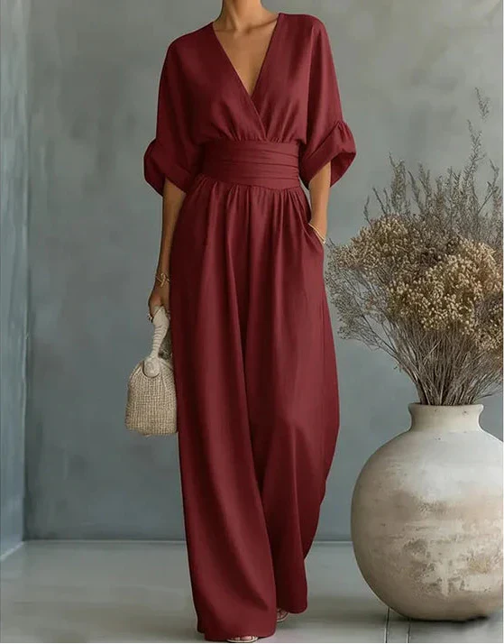 Avelissea - Dames jumpsuit met V-hals en brede, vloeiende broek