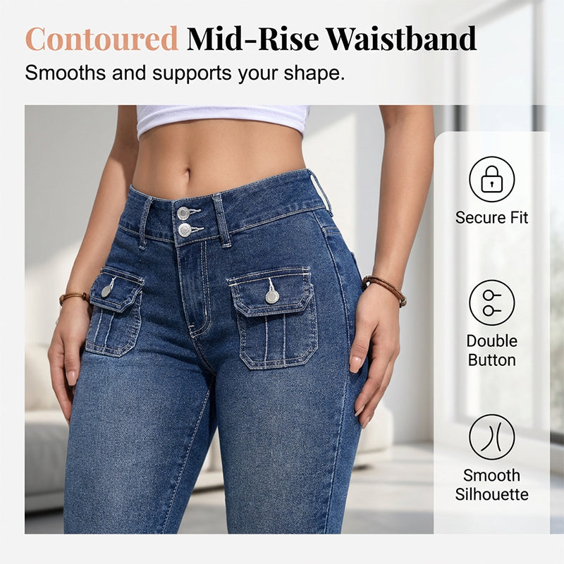 Tovixa - Dames Capri Broek Denim Stretch Aansluitende Pasvorm Midden Hoge Taille