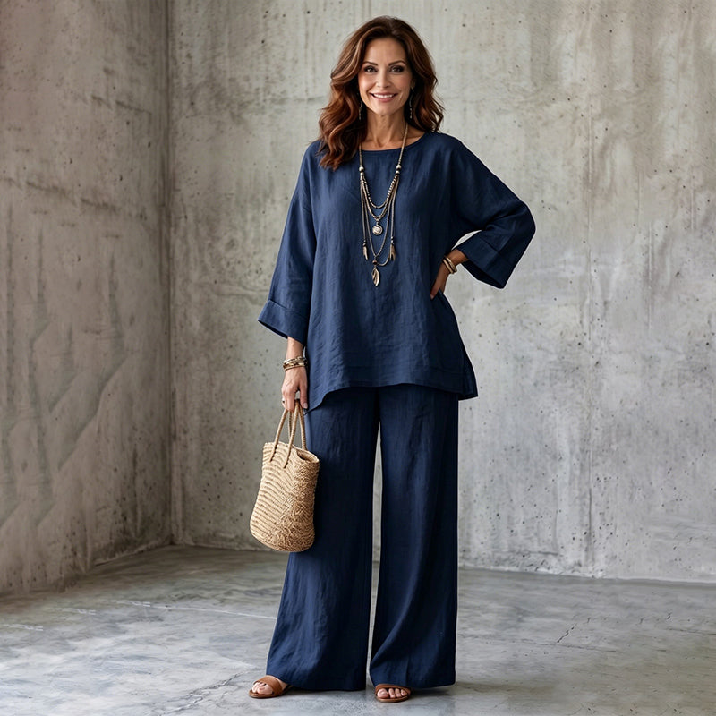 Cosima - Vrouwen tweedelig linnen effect ensemble met brede broek