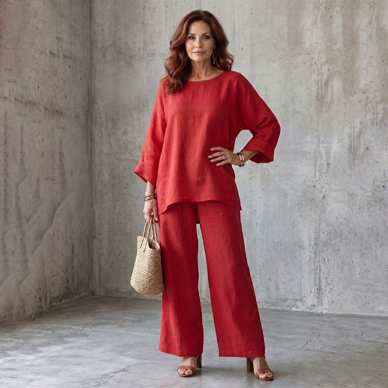 Cosima - Vrouwen tweedelig linnen effect ensemble met brede broek
