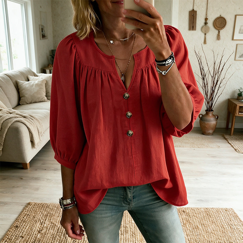 Loriane - Damesblouse met V-hals en 3/4 mouwen met knopen