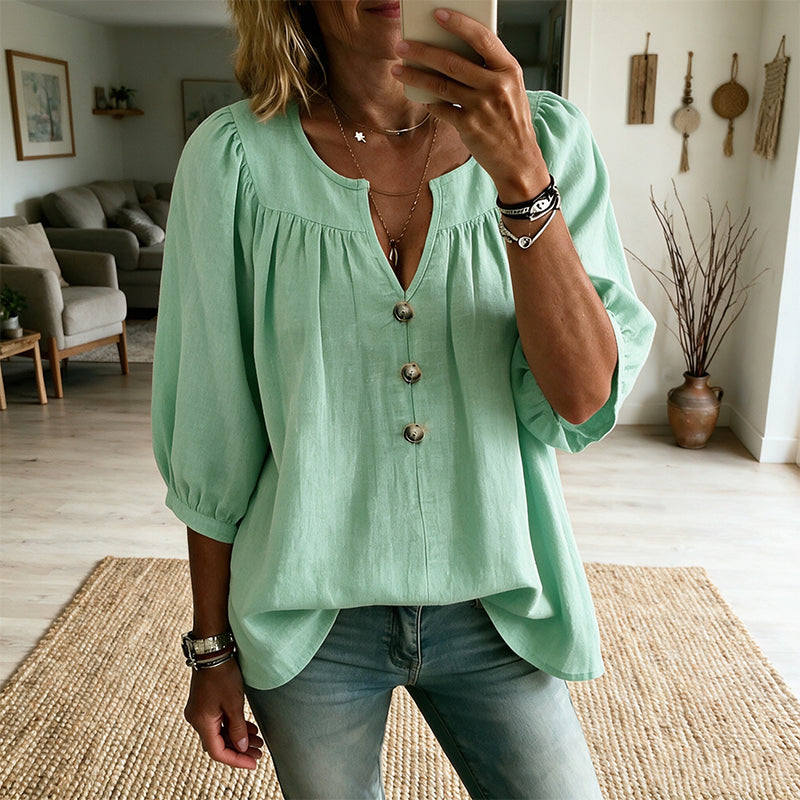 Loriane - Damesblouse met V-hals en 3/4 mouwen met knopen