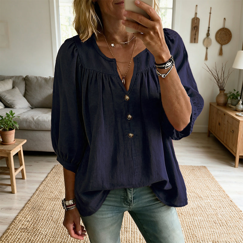 Loriane - Damesblouse met V-hals en 3/4 mouwen met knopen